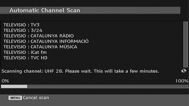 The IDTV will automatically tune to the UHF or VHF(*) (* for EU countries) transmission channels, searching for digital terrestrial TV broadcasts and displaying the names of channels found.