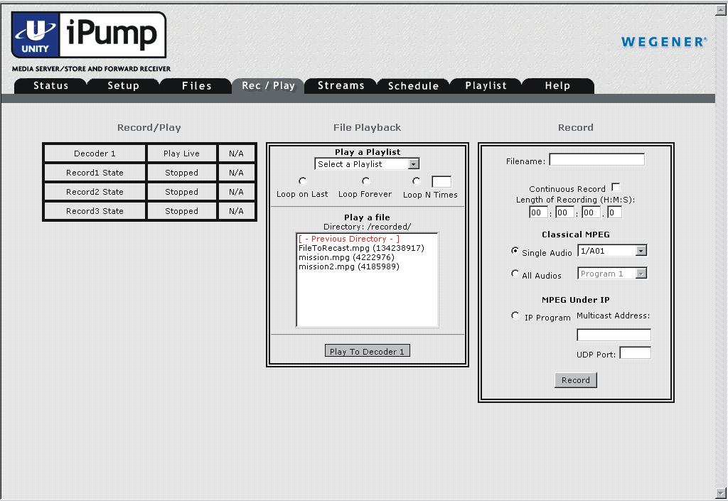 Record Program to File The ipump can record incoming programs to stored files for later playback. Up to three separate programs may be recorded at one time.