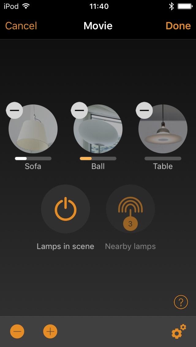 Creating first scene: Tap on Add a scene and enter a name for the scene. Select the Create scene option. Select and adjust the luminaires for this scene.