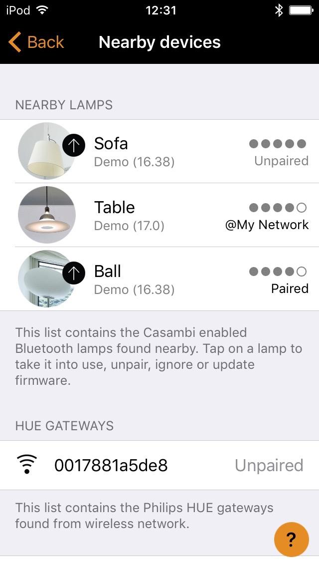 18 of 28 Nearby Devices In nearby devices screen you can see a list of all Casambi enabled luminaires that are found nearby and HUE Gateways found from wireless network.