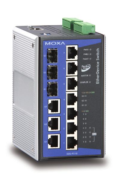 EDS-P510 Series 7+3G-port Gigabit PoE managed Ethernet switches 4 IEEE 802.3af-compliant PoE and Ethernet combo ports Provides up to 15.