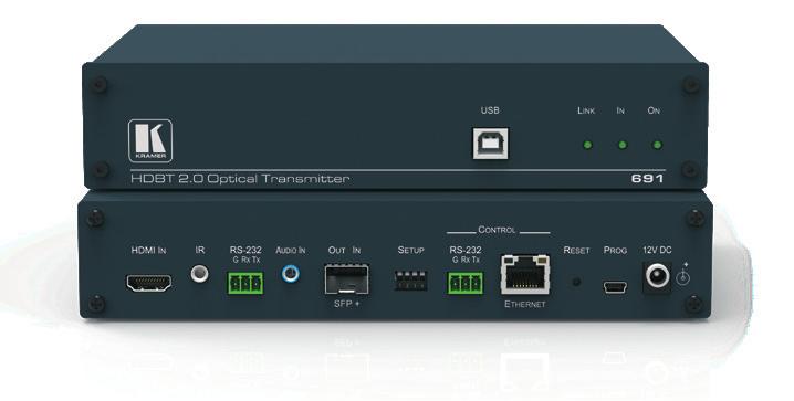 over either multi-mode or single-mode fiber optic. 691 converts all input signals into the transmitted/received HDBaseT 2.