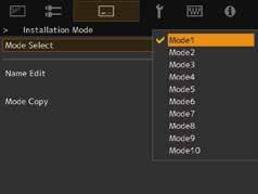 As shown in the graphical interface on the right, nine settings for Lens Control, Pixel Adjustment, Mask, Anamorphic on or off, Screen Adjust, Installation Style, Keystone, Pincushion, and Aspect can