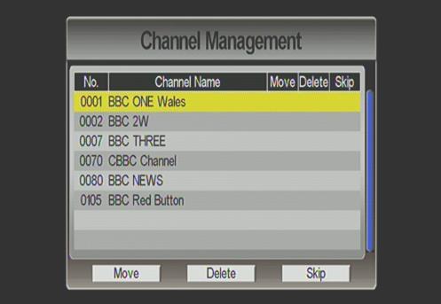 1. Select Channel Management in the TV Menu and press [OK] button. The management screen will appear as on the picture on the right. 2. Press [CH ]/[CH ] buttons to scroll up/down the channel list.