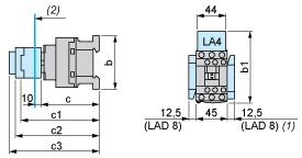 Dimensions Drawings Dimensions (1) Including LAD 4BB (2) Minimum electrical clearance LC1 D09 D18 D093 D123 D099 D129 b without add-on blocks 77 99 80 b1 with LAD 4BB 94 107 95.
