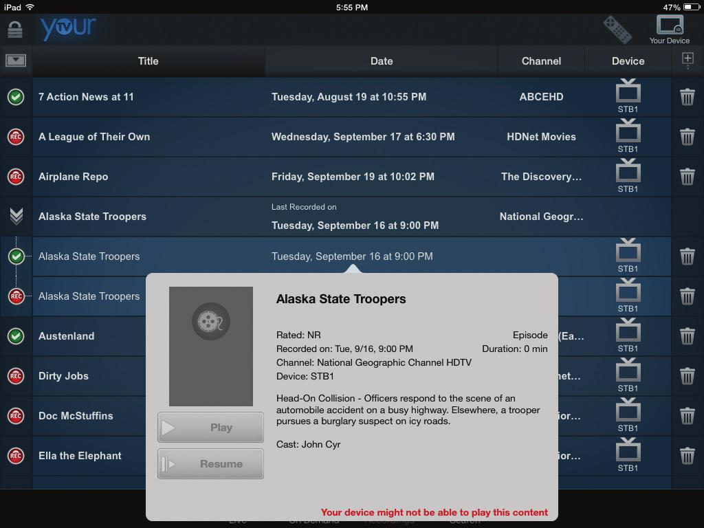 15 Remote Scheduling App 2. All of the scheduled recordings are listed with target device, date, and channel.