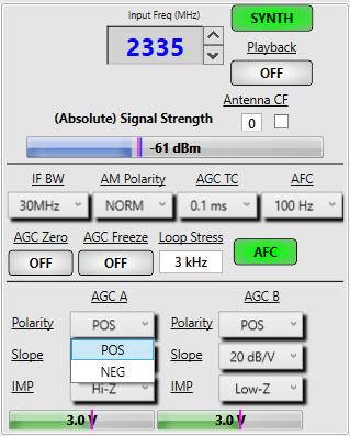 SLOPE (10, 20 and 50 db/volt). Two AGC outputs per channel (AGC A and AGC B) are available.