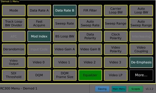 Figures 6-44 and 6-45 shows how to enable AE using the Touch Screens. The user touches the Equalizer button on the Demodulator Keyboard Screen, which turns GREEN when enabled.