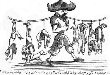 Here Kassab was not afraid to picture his colleagues as foul, stinking meat (Fig. 5). Fig. 5 Hayal 88, 27 Temmuz 1290/8 August 1874, 4 This caricature carries the following caption: Karag oz: Go away!