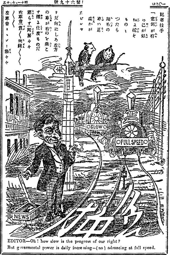 330 P. Duus Fig. 13 This Marumaru chinbun cartoon was based on an 1878 Punch cartoon depicting Bismarck trying to avoid a clash between England and Germany. In this cartoon Mr.