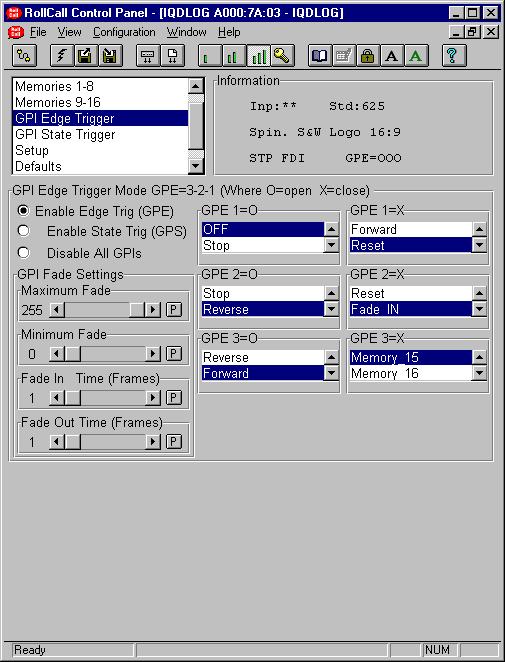GPI Edge Trigger (continued) Using the GPI Fade Settings section the following fade parameters may be set up: * Note that if the Single Cycle item in the Logo template is not enabled these functions
