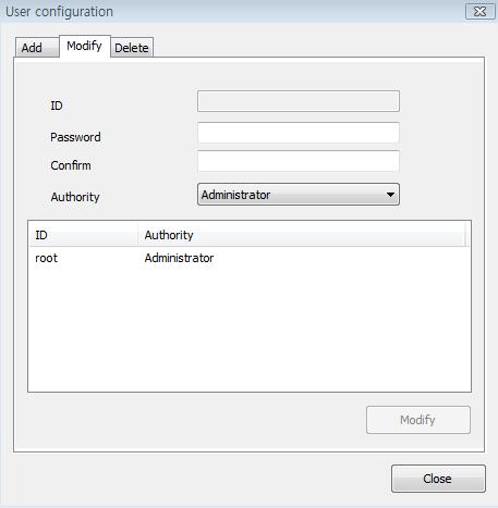 Smart Multi Viewer Player Menu [ Modify User (User Configuration-Modify) ] ID : Select ID to modify (ID root is