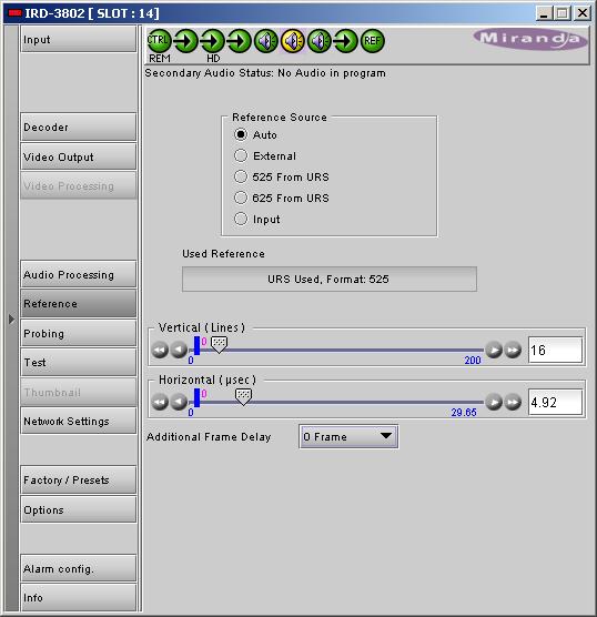 Status tab This tab contains text boxes and status icons that indicate the current status of the IRD-3802 s audio processing.