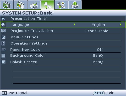 Press MENU/EXIT on the projector or remote control to turn the OSD menu on. 3. Press to highlight Language and press / to select a preferred language. 2.
