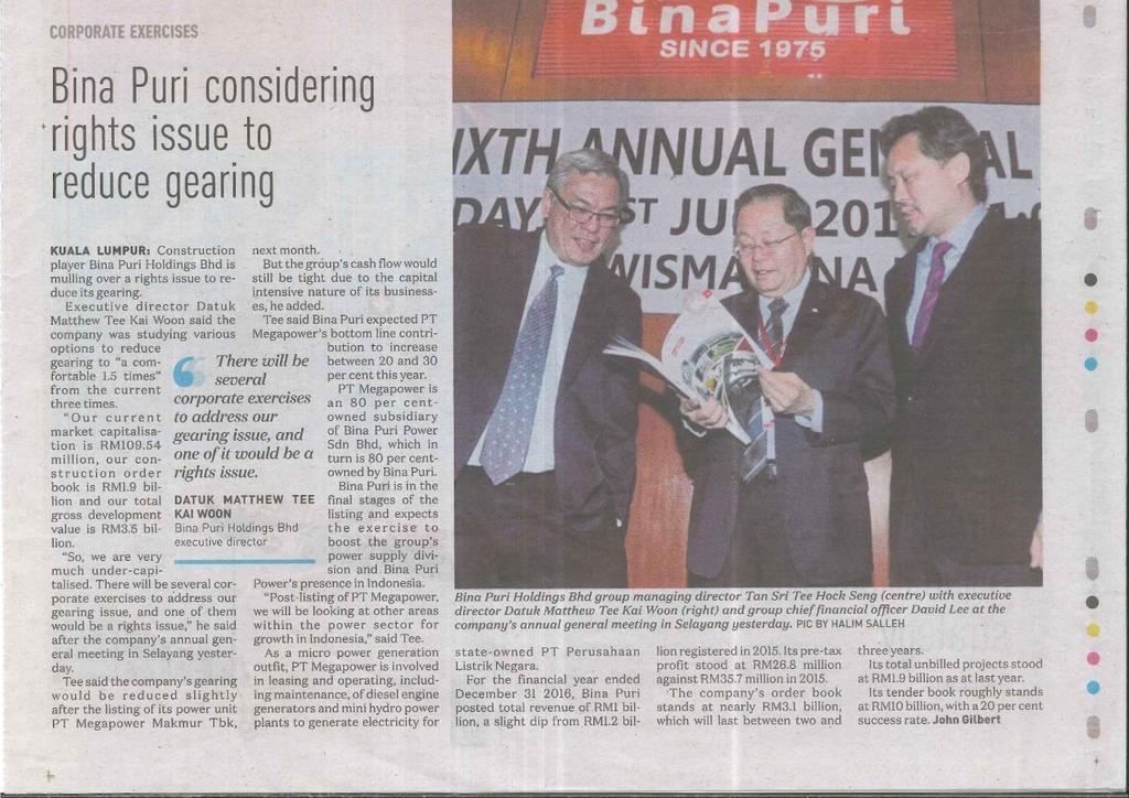 Newspaper : New Straits Times Date : 22nd June 2017 Bina Puri Holdings Bhd Title : Bina