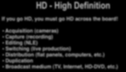 HD - High Definition If you go HD, you must go HD across the board!