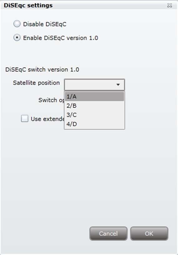 The DiSEqC settings are disabled by default. 2. Select the Enable DiSEqC version 1.0 radio button to specify the required settings. 3. Select the required Satellite position. 4.