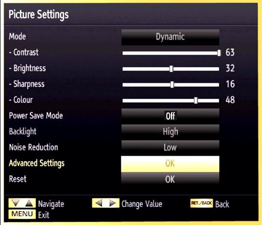 Configuring Picture Settings You can use different picture settings in detail. Press MENU button and select the Picture icon by using or button. Press OK button to view Picture Settings menu.