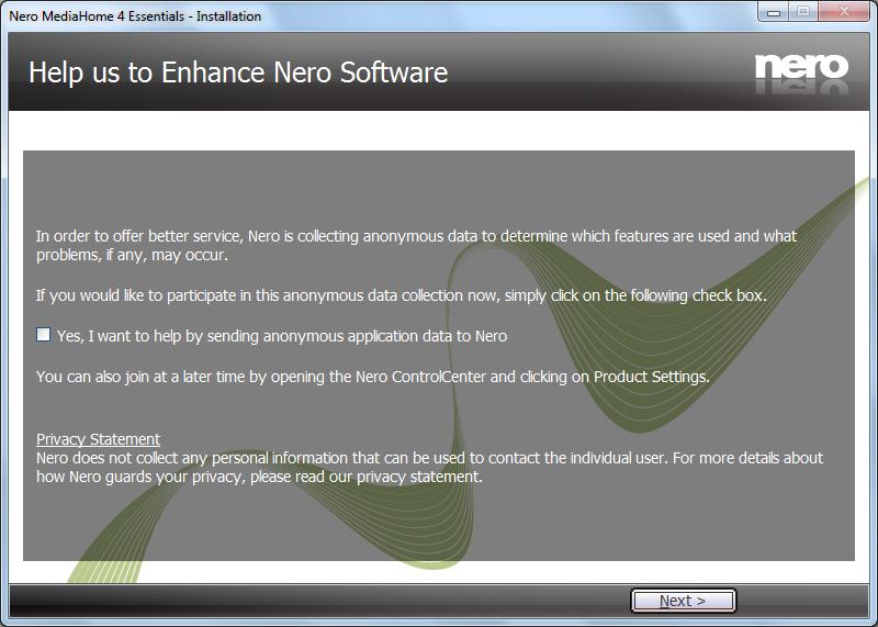 The Help us to Enhance Nero Software screen is displayed.