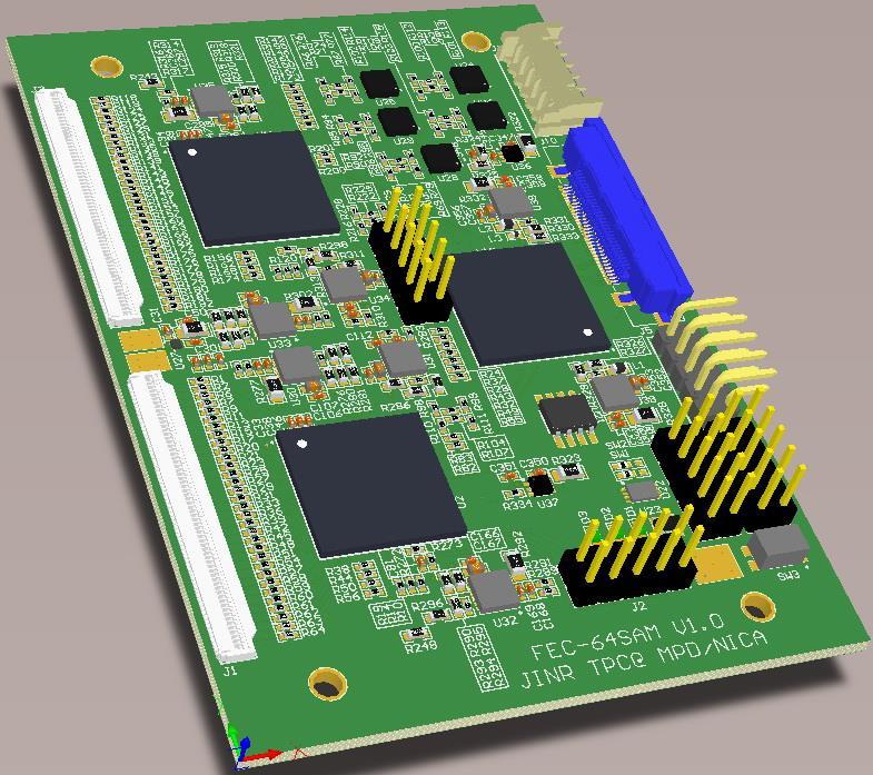 4 1 2 5 3 6 1 2 Figure 3. 3D view of the SAMPA FEC. 1 input signal connectors, 2x32 ch; 2 SAMPA BGA chips; 3 configuration and board control FPGA with a gigabit transceiver; 4 1.7V, 3.8V, 5.