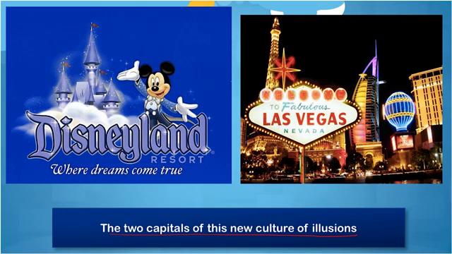 (Refer Slide Time: 21:30) And, going through these cities of imaginations he also identifies these two sites Disneyland and Las Vegas as the two capitals of this new culture of illusions and here we