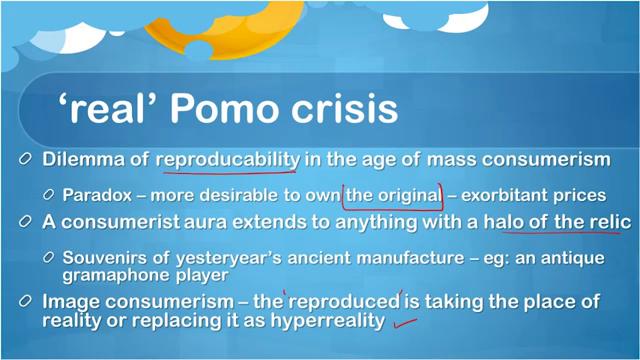 (Refer Slide Time: 03:35) So, in that sense, if we try to locate the real postmodern crisis it is first of all a dilemma of reproducibility in the age of mass consumerism.
