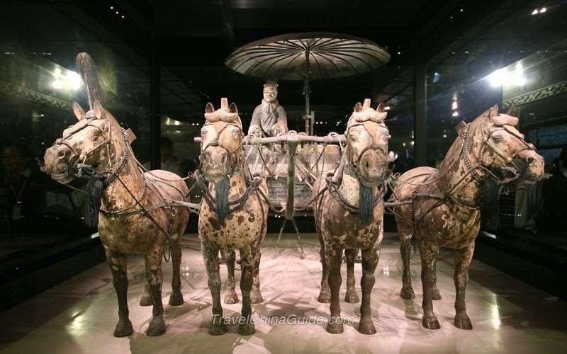 Unearthed from the west side of Qin Shi Huang's tomb in 1980, the two bronze chariots and horses are considered to be the earliest, largest and best-preserved bronze chariots and horses in the