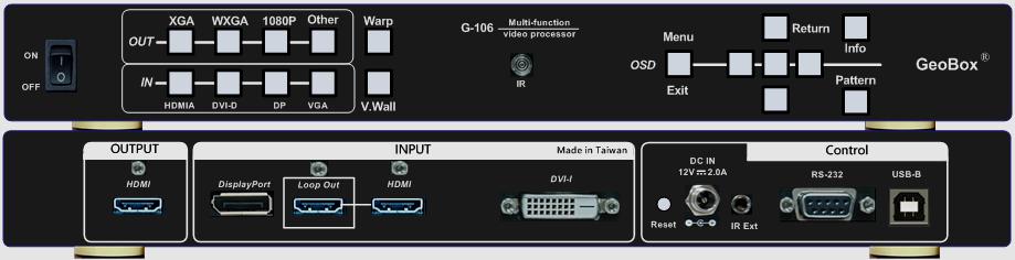 G-106 GWarp Processor G-106 is multiple purpose video processor with warp, de-warp, video wall control, format conversion, scaler switcher, PIP/POP, 3D format conversion, image cropping and