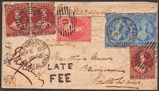 An 1866 cover posted at North Plymouth, New Zealand using one of the rare 4d rose Chalon heads. Possibly the only example of a Late Fee cover with Chalon heads.