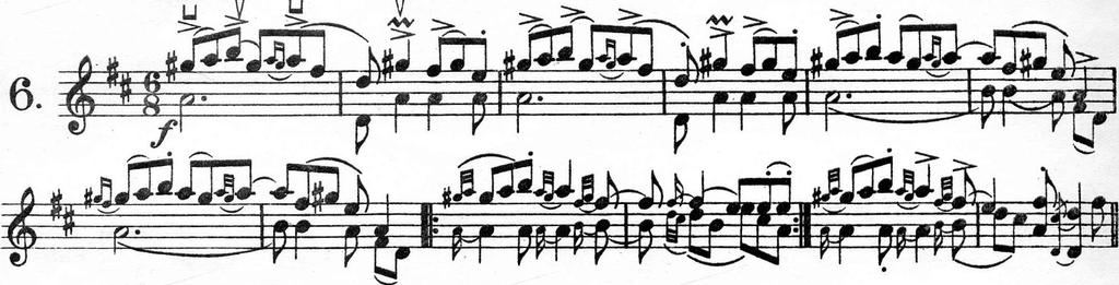 some decades earlier) The usage of the loose strings a and d is clear throughout the following example, Halvorsen s transcription of the beginning of the sixth slått, Gangar after Myllarguten :