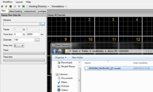 4-3. Replay and analysis of acquired spontaneous data 2. Click the box next to the Filename and select the.modat file.