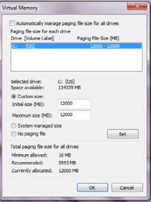 Click [Change] for "Virtual memory". Uncheck the "Automatically manage paging file size for all drives" (Figure 1-2.4, left). 5. Select [No paging file] for the C drive.