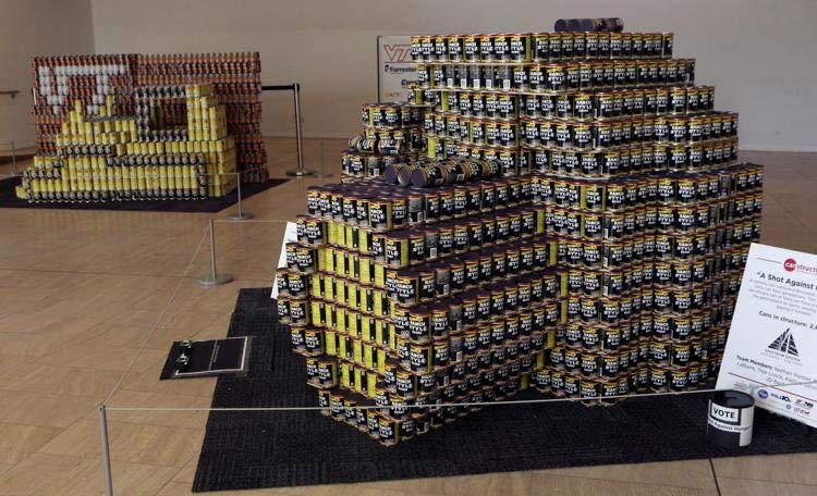 In the 2014 Canstruction event, Virginia Tech students built a sculpture depicting construction equipment called Demolishing Hunger, while the Spectrum Design team made a giant camera called A Shot