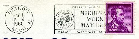 Figure 1, at left: DETROIT / MICH 3 A MAY 11 / 12 M / 1960 With trail bars at left of postmark dial.