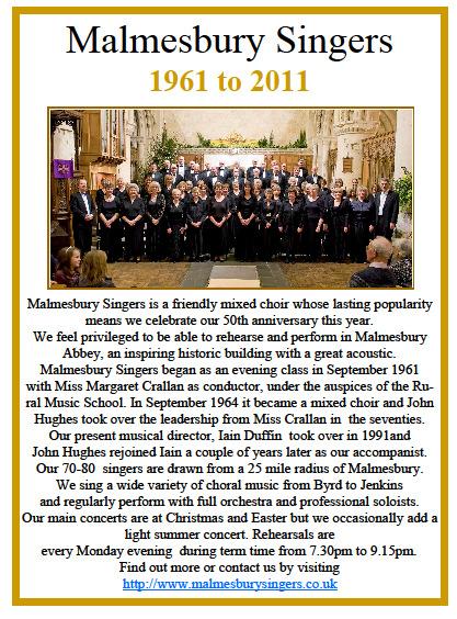 MUSIC in Malmesbury Abbey Today, in 2011, the Abbey has an established Abbey Choir to support Abbey services. The Choir sings both traditional music and more recent challenging compositions.