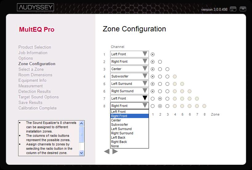 Zone Configuration The NAD device performs equalization for up to eight audio channels (7.1 channels). Use the drop-down menu next to each channel to assign channels.