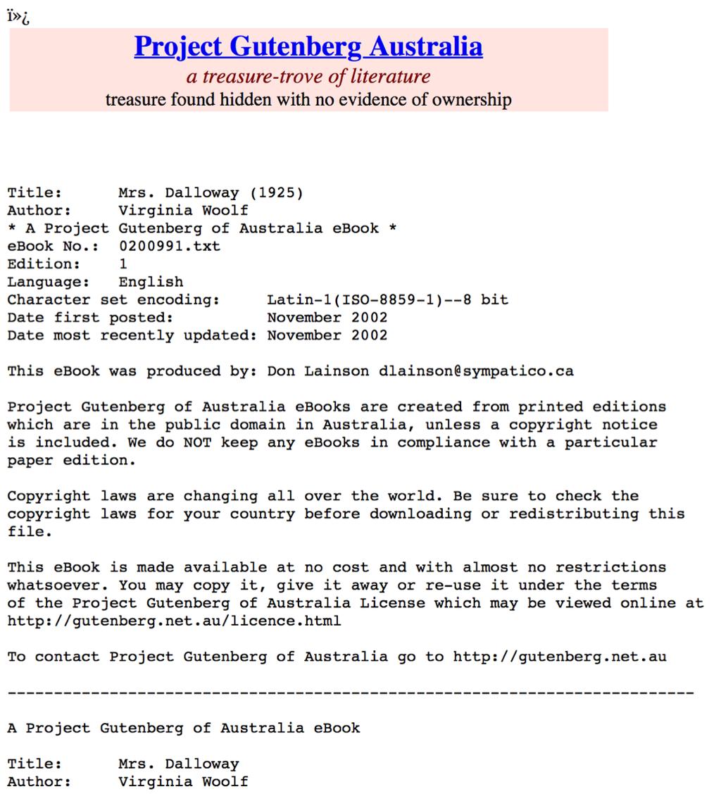 Mrs. Dalloway Project Gutenberg Australia (not indexed by www.gutenberg.org) http://gutenberg.net.au/ebooks02/0200991.txt Mrs.