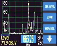 The information about the tuned frequency or channel appears at the bottom of the screen. If the equipment is in frequency mode, the central frequency of the spectrum will appear.