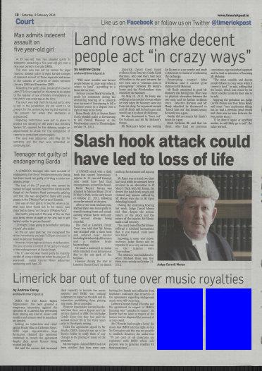 Limerick Post Saturday, 8 February 2014 Page: 18-14- Circulation: 35393 Area of Clip: 19200mm² Page 2 of 2 Legal arguments ensued over whether or not musicians, playing original music, were entitled