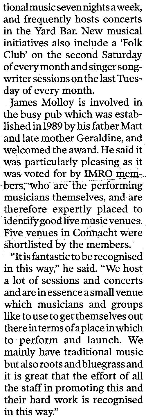 He said it venues such as Whelan's in was particularly pleasing as it Dublin and Crane Lane Theatre was voted for by IMRO members; in Cork.
