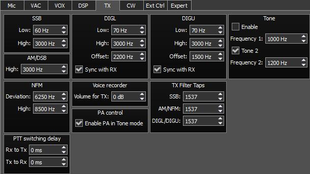 2.1.6. TX tab In this tab you can adjust the TX filter separately for different modes. SSB/DIGL/DIGU/AM/DSB - settings for the low or/and high TX filter fronts. Low low front filter's frequency.