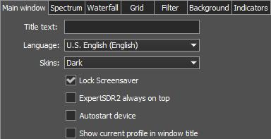 2.3.1. Main window tab On the Main window tab, you can see the settings of the transceiver's software main window display. Title text - input box to enter the title.