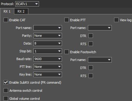 2.4.1. RX1 receiver RX1 tab contains CAT-system settings and control of the transceiver's PTT command via COM-ports for the RX1 receiver.
