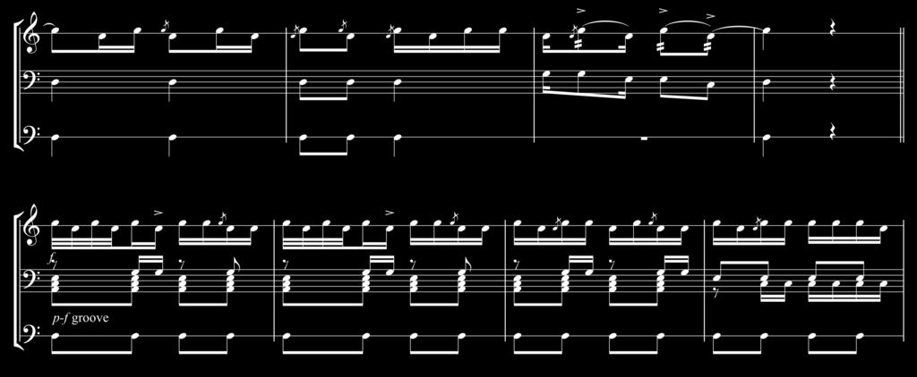 1. = Unison (Played by all drums) 2. = Tenor 1 (Soprano Bb) (Highest pitched drum) 3. = Tenor 2 (Alto F) 4. = Tenor 3 (Tenor D) 5. = Tenor 4 (Baritone Bb) 6.