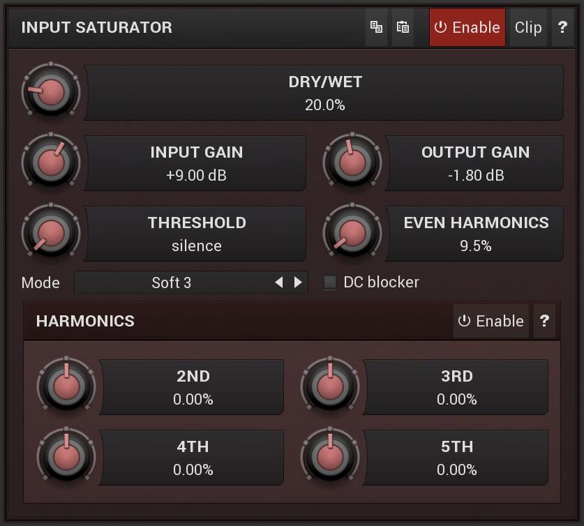 Saturator panel contains parameters of the saturator. Copy button Copy button copies the settings onto the system clipboard. Paste button Paste button loads the settings from the system clipboard.