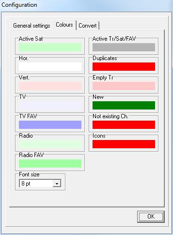 Colours: If you click on the tab sheet "Colours", you will get the following menu: Here you can change the colours that are used to mark the following states: Activated (programmed) satellites