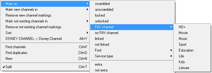 You can find a longer description of the different PIDs, IDs and transponder data in chapter 3.g. With Delete you can delete selected channels or, when you are in a FAV list, remove them from this favourite list.