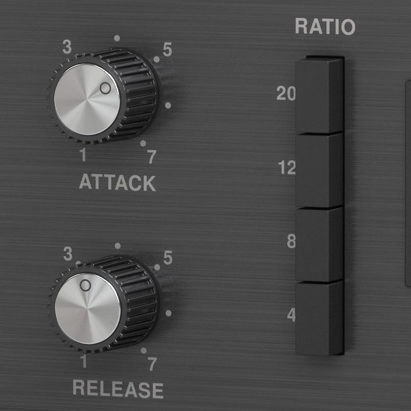 Sublimely Easy to Operate The compression ratio is selected by pushing any, or all, of the Ratio buttons located to the left of VU meter.