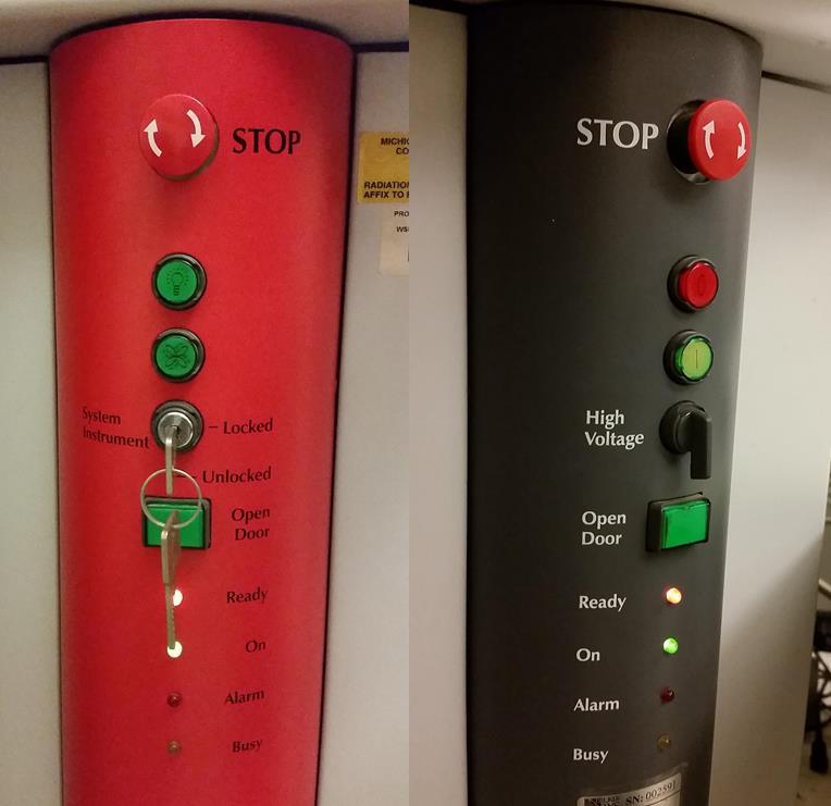 Figure 4: Below the APEX II cabinet on the left (red) and right side (black), respectively, are a serious of buttons and light indicators.