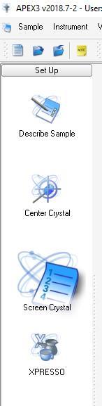 Figure 5: Screen shot of APEX3 program. Under Setup, hit Center Crystal to start the alignment process. Use Screen Crystal to check the diffraction. 6.